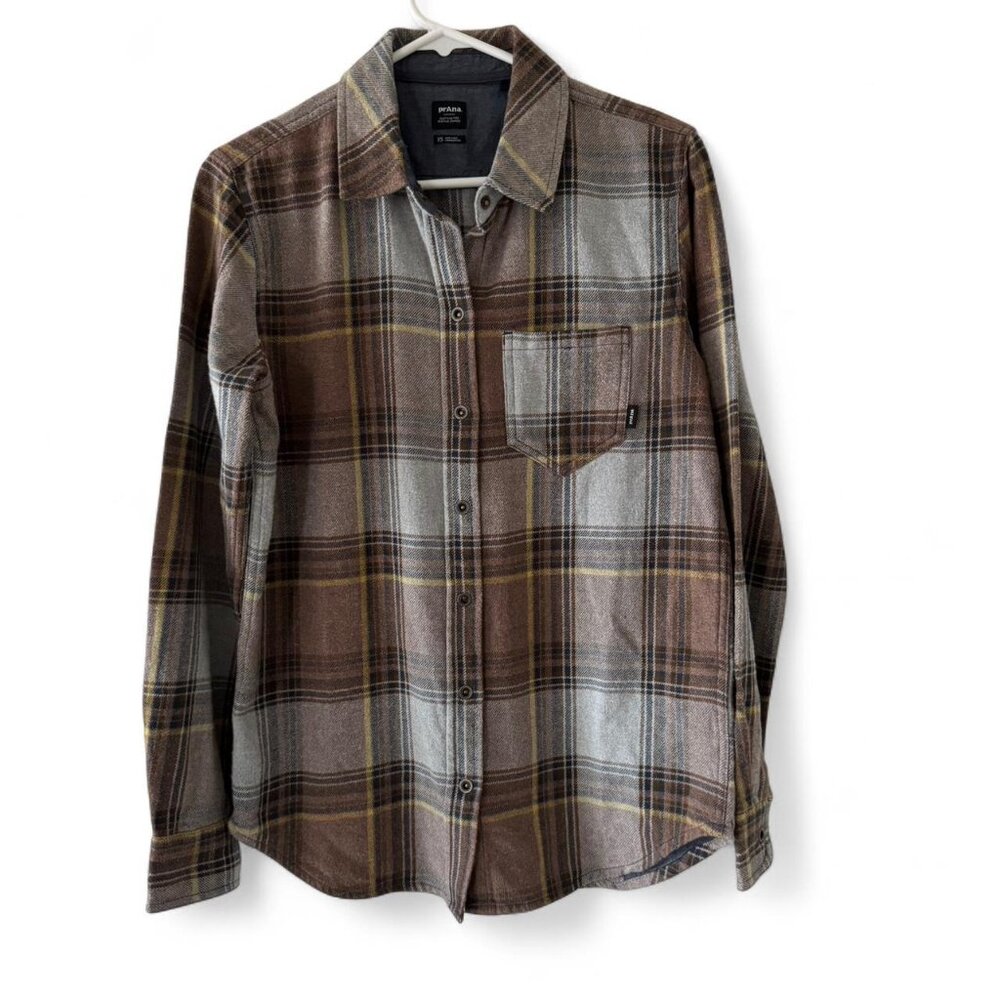 PrAna Women’s XS Cotton Flannel Button Down Shirt Brown Tan Plaid